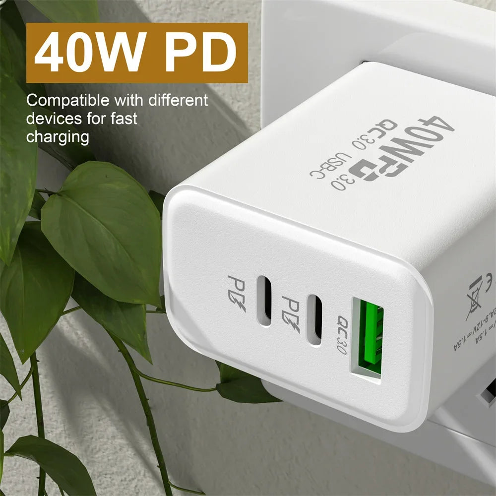 USB C Charger 40W Mobile Phone Type-C PD Fast Charging High Speed Quick Charge 3.0 Wall Adapter Multiple Ports for iPhone Xiaomi