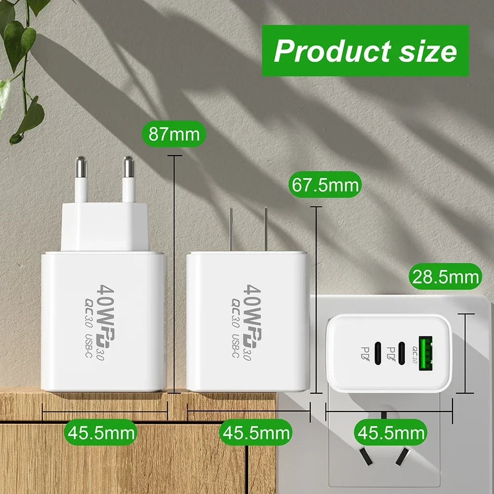 USB C Charger 40W Mobile Phone Type-C PD Fast Charging High Speed Quick Charge 3.0 Wall Adapter Multiple Ports for iPhone Xiaomi