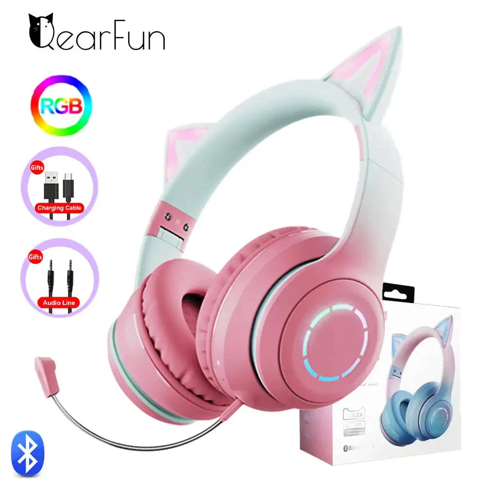 QearFun Gradient Pink Cat ear Headphones with Mic for Kawaii Girls Kids Phone MP3 HiFi Stereo Music Glowing Wireless Earphones