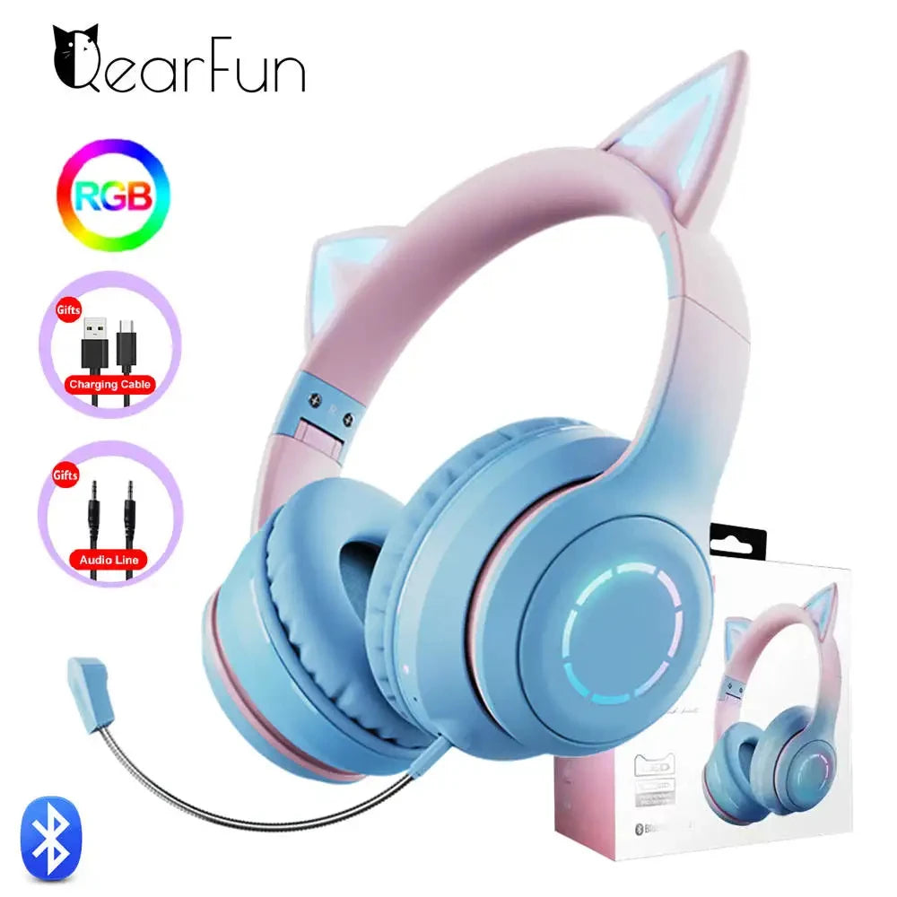 QearFun Gradient Pink Cat ear Headphones with Mic for Kawaii Girls Kids Phone MP3 HiFi Stereo Music Glowing Wireless Earphones