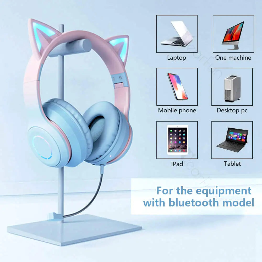 QearFun Gradient Pink Cat ear Headphones with Mic for Kawaii Girls Kids Phone MP3 HiFi Stereo Music Glowing Wireless Earphones