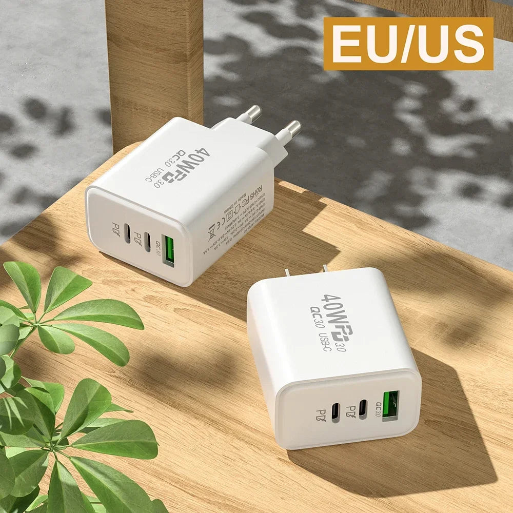 USB C Charger 40W Mobile Phone Type-C PD Fast Charging High Speed Quick Charge 3.0 Wall Adapter Multiple Ports for iPhone Xiaomi