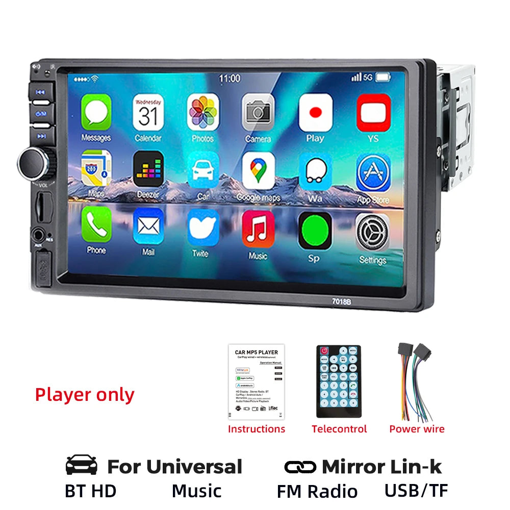 HIPPBQCC 7 Inch 1 Din Car Radio MP5 Multimedia Player Touch Screen FM ISO Power Aux Input Bluetooth USB Mirror Link Autoradio