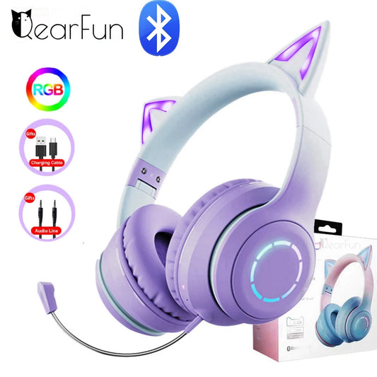 QearFun Gradient Pink Cat ear Headphones with Mic for Kawaii Girls Kids Phone MP3 HiFi Stereo Music Glowing Wireless Earphones