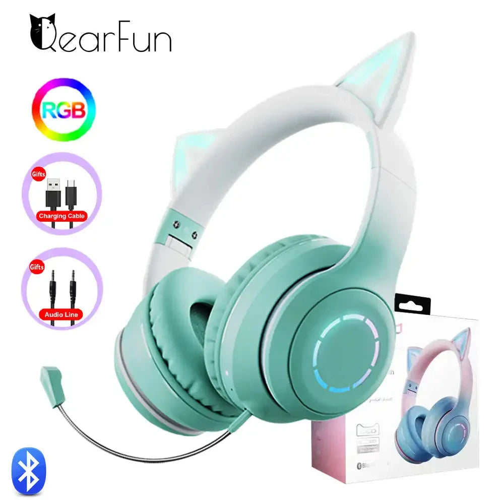 QearFun Gradient Pink Cat ear Headphones with Mic for Kawaii Girls Kids Phone MP3 HiFi Stereo Music Glowing Wireless Earphones