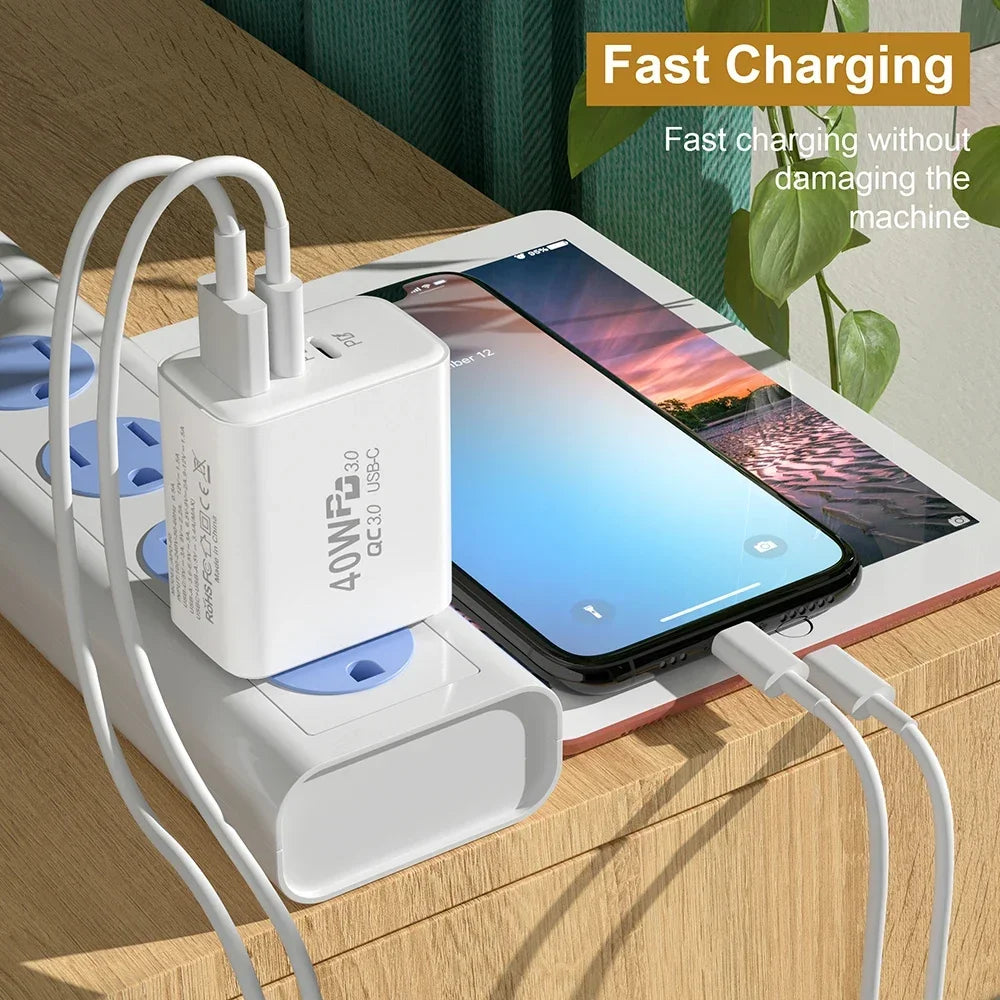 USB C Charger 40W Mobile Phone Type-C PD Fast Charging High Speed Quick Charge 3.0 Wall Adapter Multiple Ports for iPhone Xiaomi